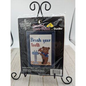 Bucilla Counted Cross-Stitch Kit "Brush Your Teeth" 5x7 With Teddy Bear Design
